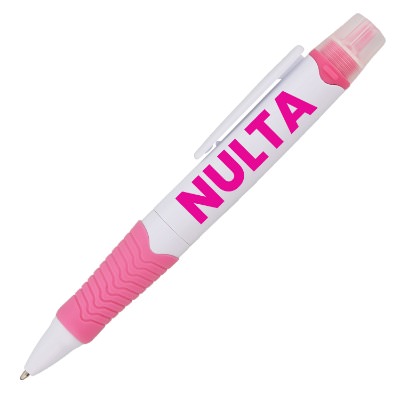 Pink plastic highlighter with a branded imprint.
