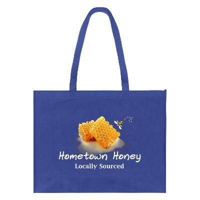 Polypropylene black tote with full-color logo, 5-1/2 inch gussets, and matching bottom insert.