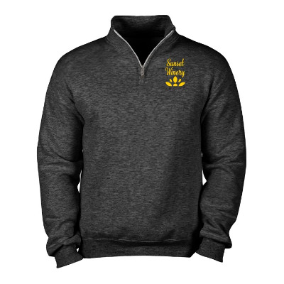 Custom forest green quarter-zip sweatshirt with logo.