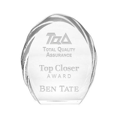 Glass award with custom laser engraved imprint.