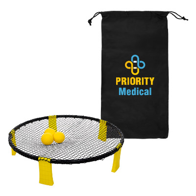 Black polyester outdoor game with a custom logo.