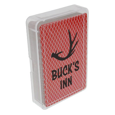 Red paper playing cards with a personalized logo.