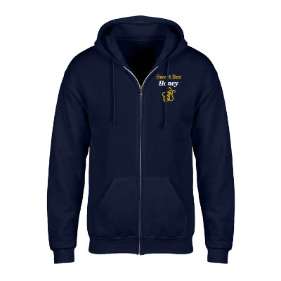 Custom light blue full-zip sweatshirt with embroidered logo.