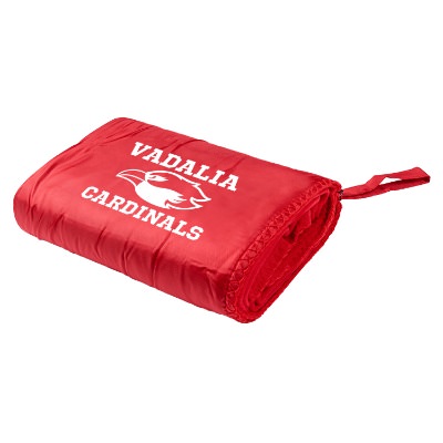 Personalized green 210 GSM fabric blanket that can fold into a zippered outer panel with an attached handle.