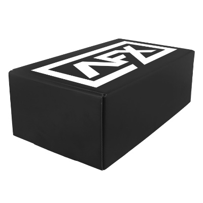 Black cardboard box with a branded logo.