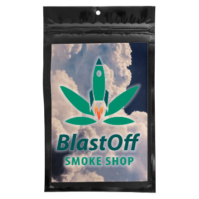 Black barrier bag with custom full color imprint.