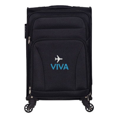 21-inch black upright luggage with embroidered logo.