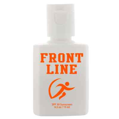 Plastic white sunscreen with a personalized logo.