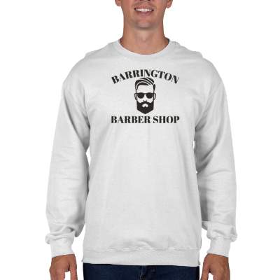 White fleece crew sweatshirt with custom logo.