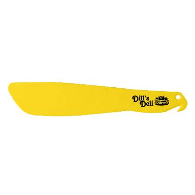 Yellow sandwich spreader plus with custom printed logo.