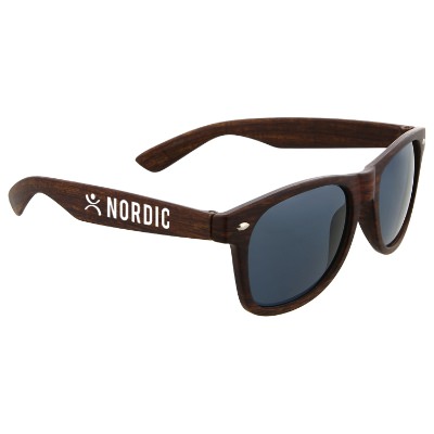 Mid tone plastic sunglasses with personalized logo.