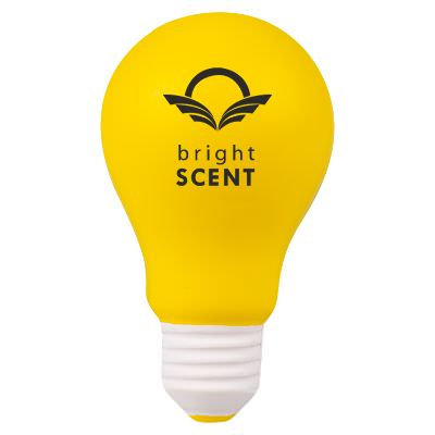 Foam yellow incandescent light bulb stress ball with logo.