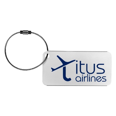 Small metal luggage tag with custom imprint.