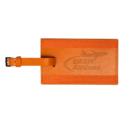 Personalized orange luggage tag with debossed imprint.