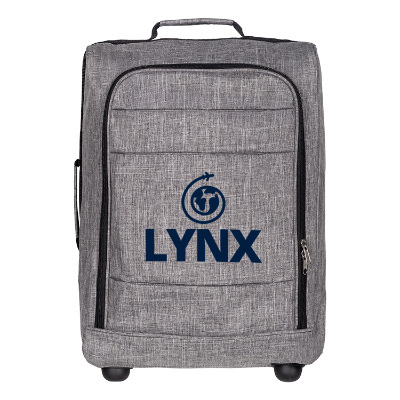 20-inch graphite upright luggage with custom logo.