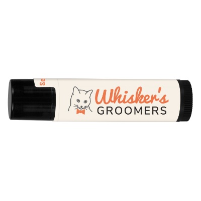 Black plastic lip balm with a custom imprint.