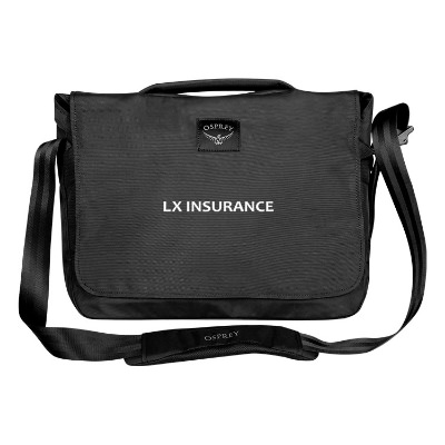 Personalized black messenger bag with handle.