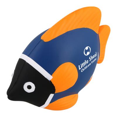 Foam blue and yellow tropical fish stress ball with a custom imprint.