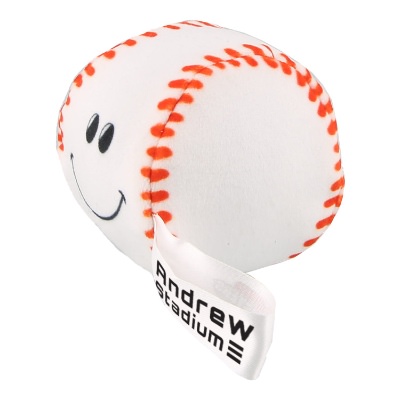 White plush stress buster with a custom imprint.
