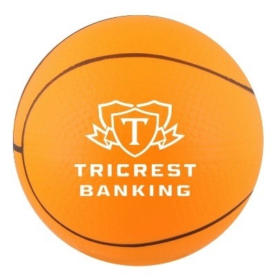 Orange foam stress ball with a custom logo.