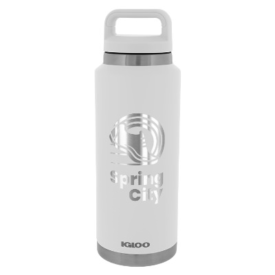 White stainless bottle with custom engraved logo in 36 oz.