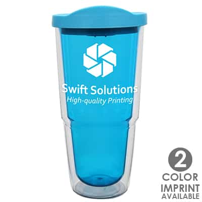 Plastic aqua tumbler with custom logo in 24 ounces.