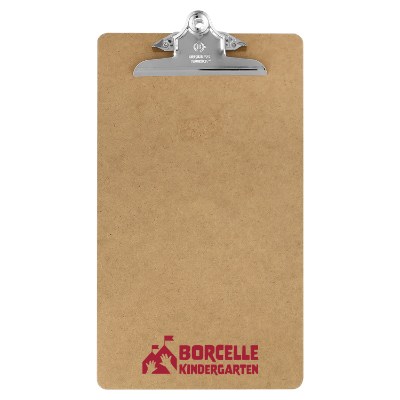 Wooden clipboard with a custom logo.