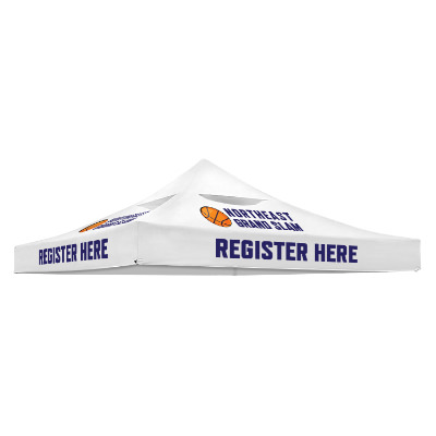 White 10-ft. vented tent canopy with custom imprint.