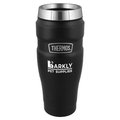 Black tumbler with custom logo.