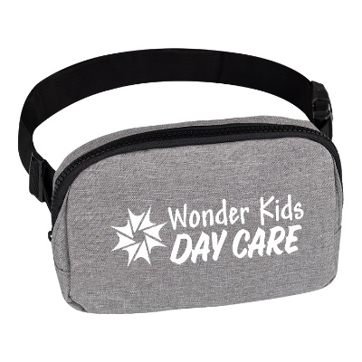 Heathered gray belt bag with custom imprint.