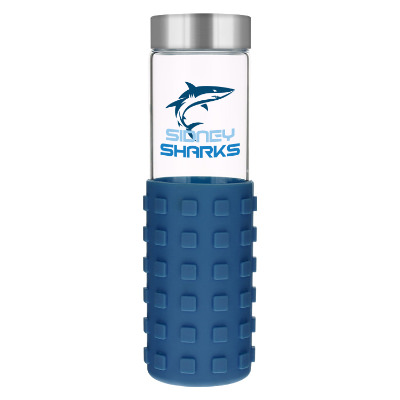 Glass bottle with navy silicone sleeve and custom full color imprint in 20 oz.