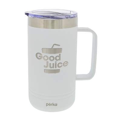 White tumbler with a laser engraved logo.