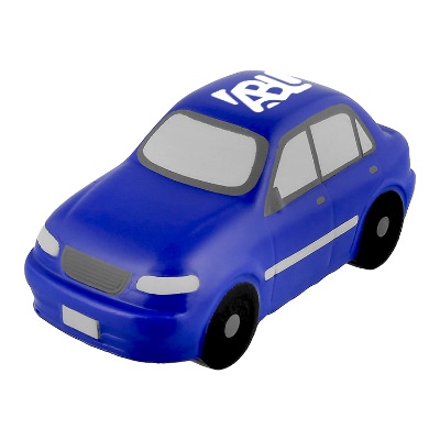 Blue foam stress ball with a personalized imprint.