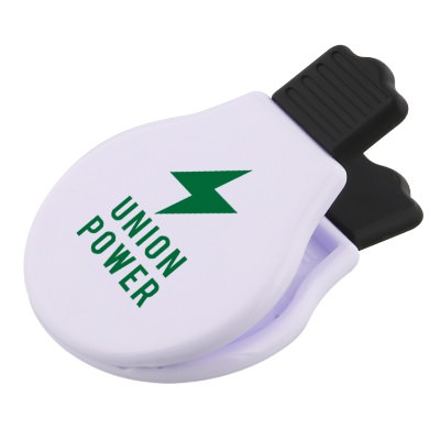 Plastic white light bulb chip clip with custom imprint.