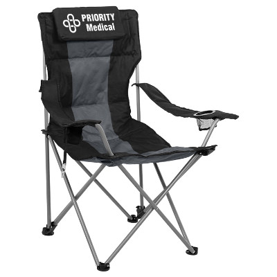 Blue polyester chair with a custom logo.