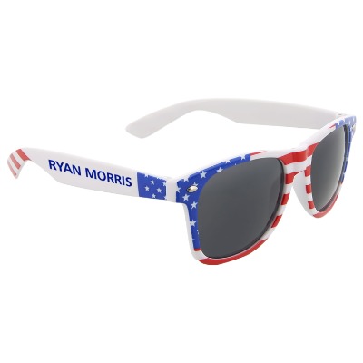Plastic patriotic sunglasses with customized imprint.