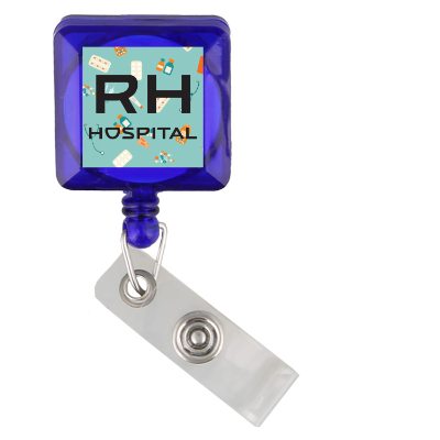 Translucent red styrene square retractable badge holder with alligator clip with customized full color imprint.