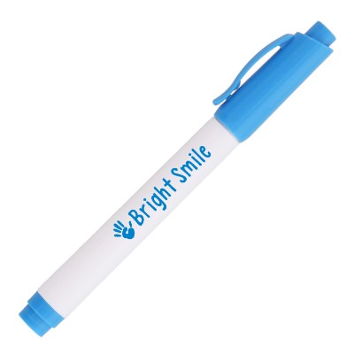 Blue plastic marker with a personalized imprint.
