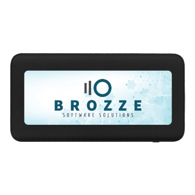 Black plastic power bank with a personalized logo.