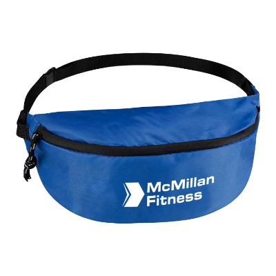 Custom zippered blue fanny pack with logo.