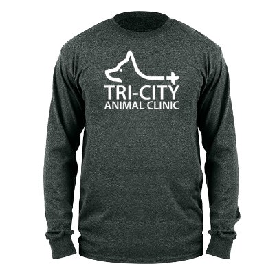 Dark heather imprinted customizable long sleeve t-shirt.