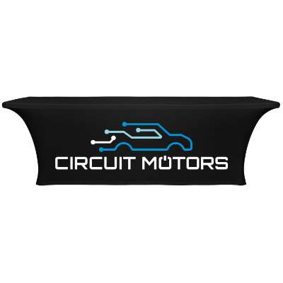 8 foot stretch fitted polyester table cover with full-color imprint on front.