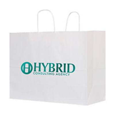 Paper white gloss foil stamped recyclable bag with customized imprint.