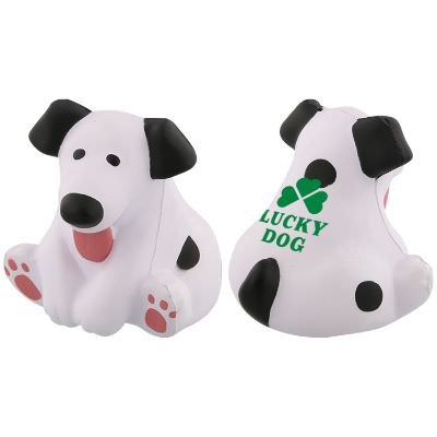 Foam fat dog stress ball with imprinted brand.