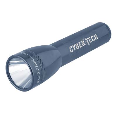 Engraved gray aluminum flashlight with a custom imprint.