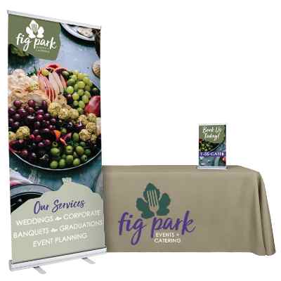 Custom polyester table cover with 33 inch custom banner stand and 13 inch table top banner stand package.