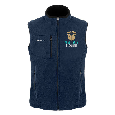 Fleece navy vest with custom embroidered logo.