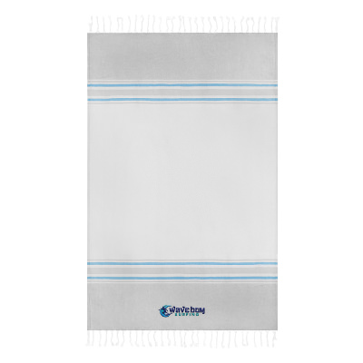White striped beach towel with custom embroidered imprint.
