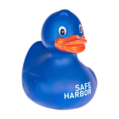 Plastic yellow branded rubber duck.
