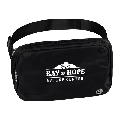 Black belt bag with custom white imprint.